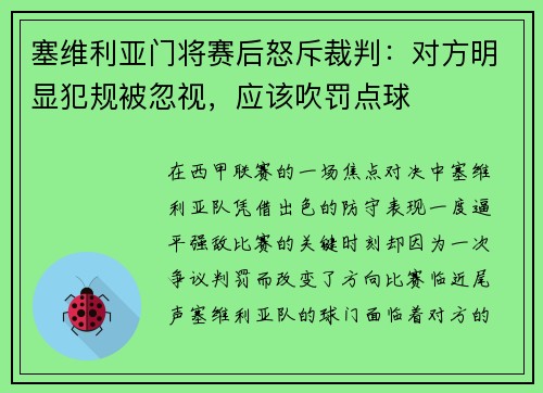 塞维利亚门将赛后怒斥裁判：对方明显犯规被忽视，应该吹罚点球